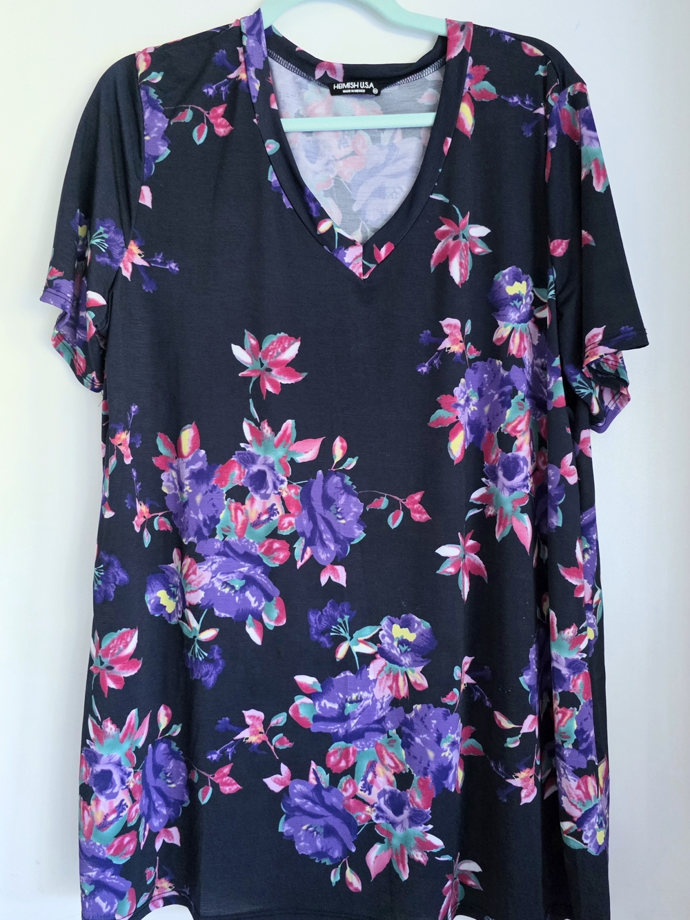 Heimish USA Women's Navy V-Neck Tee with Purple & Pink Floral Print 2xl
